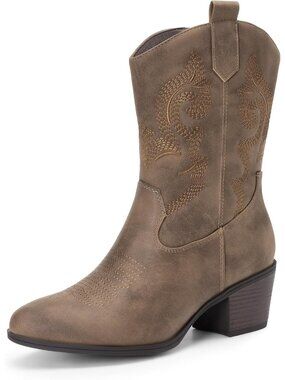 Women's Tan Mid Calf Cowgirl Boots with Embroidery Round Toe Chunky Low Heel